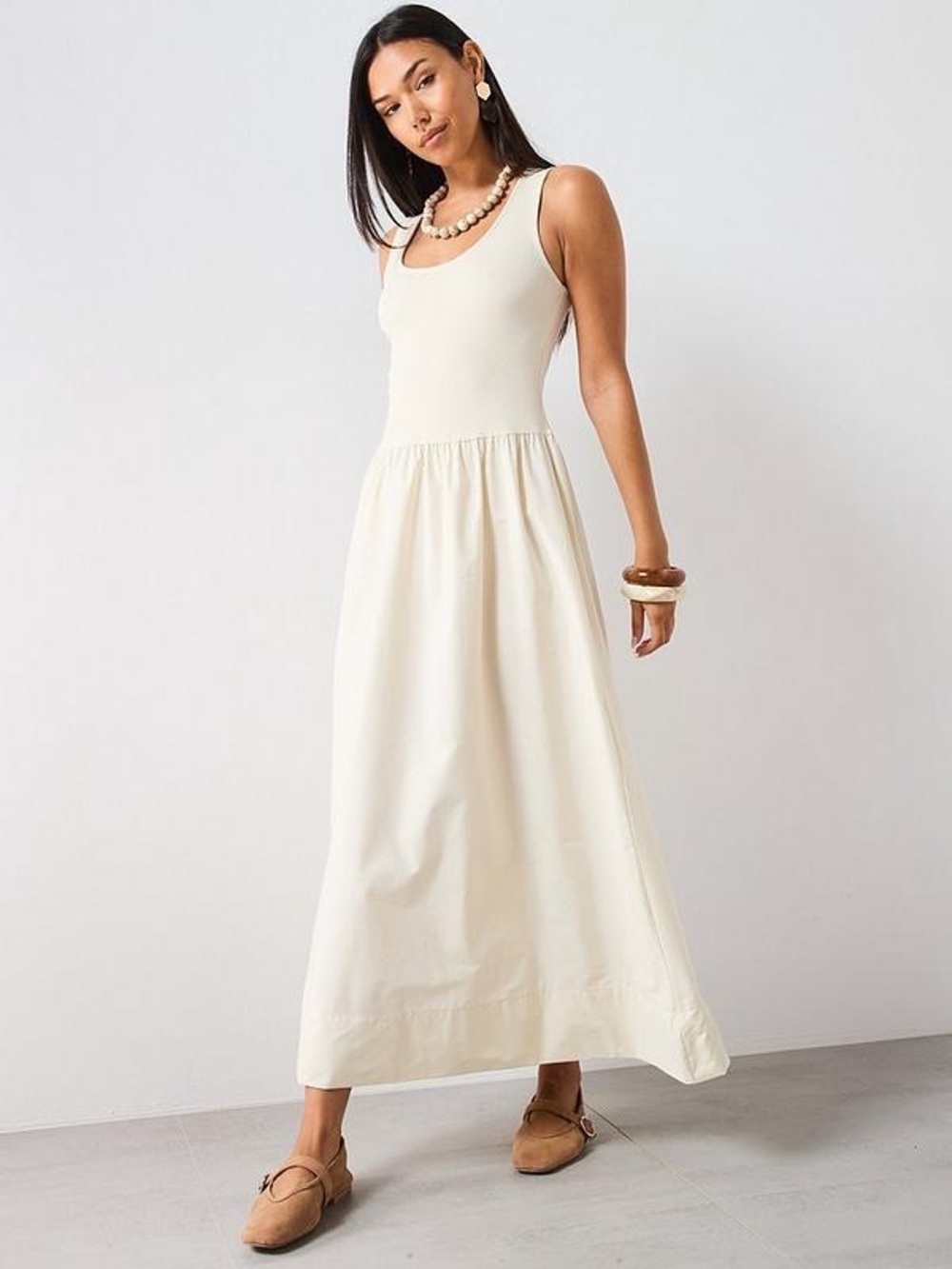 NWT Mango Cream Flared Dress in Combined Fabric - S